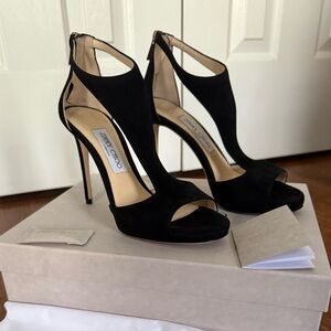 Jimmy Choo Black Suede Cutout Peep-Toe Stiletto Heels